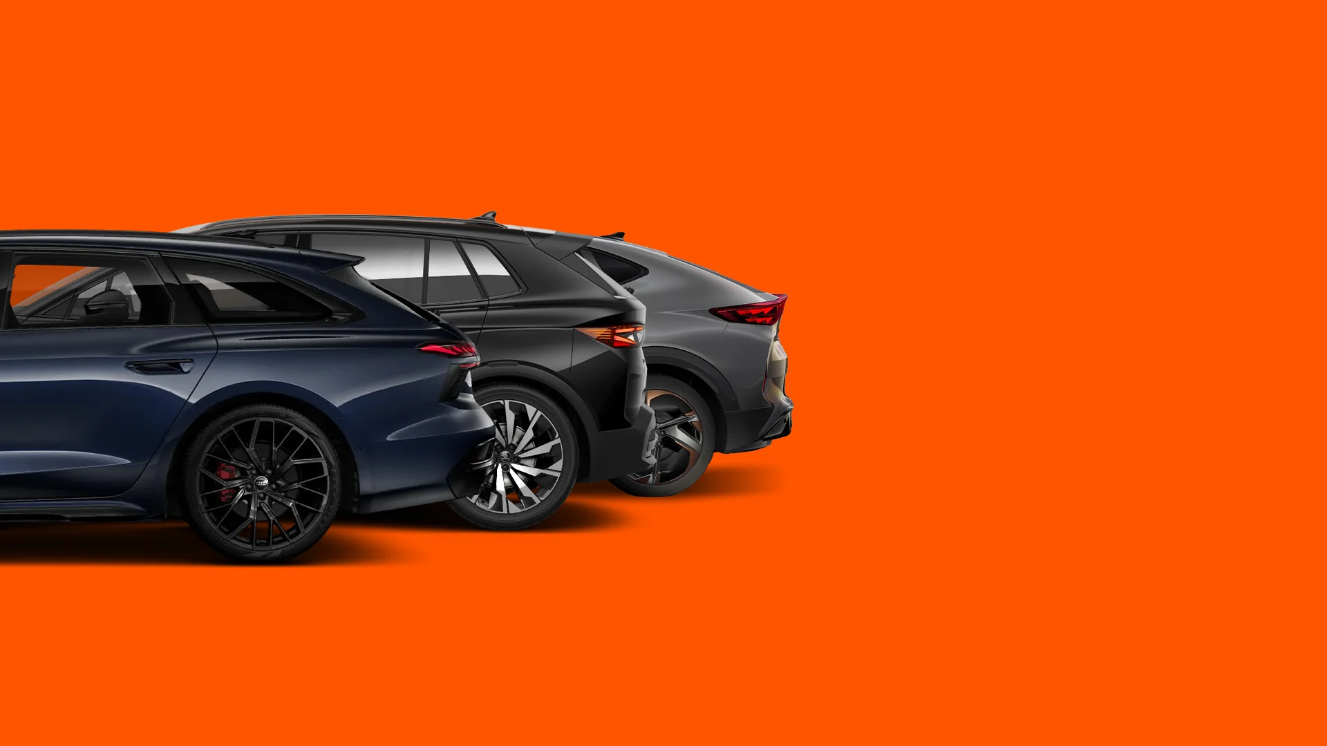 Eine Auto-Grafik auf orangenem Hintergrund, die die Fahrerseiten von Fahrzeug-Renderings zeigt.