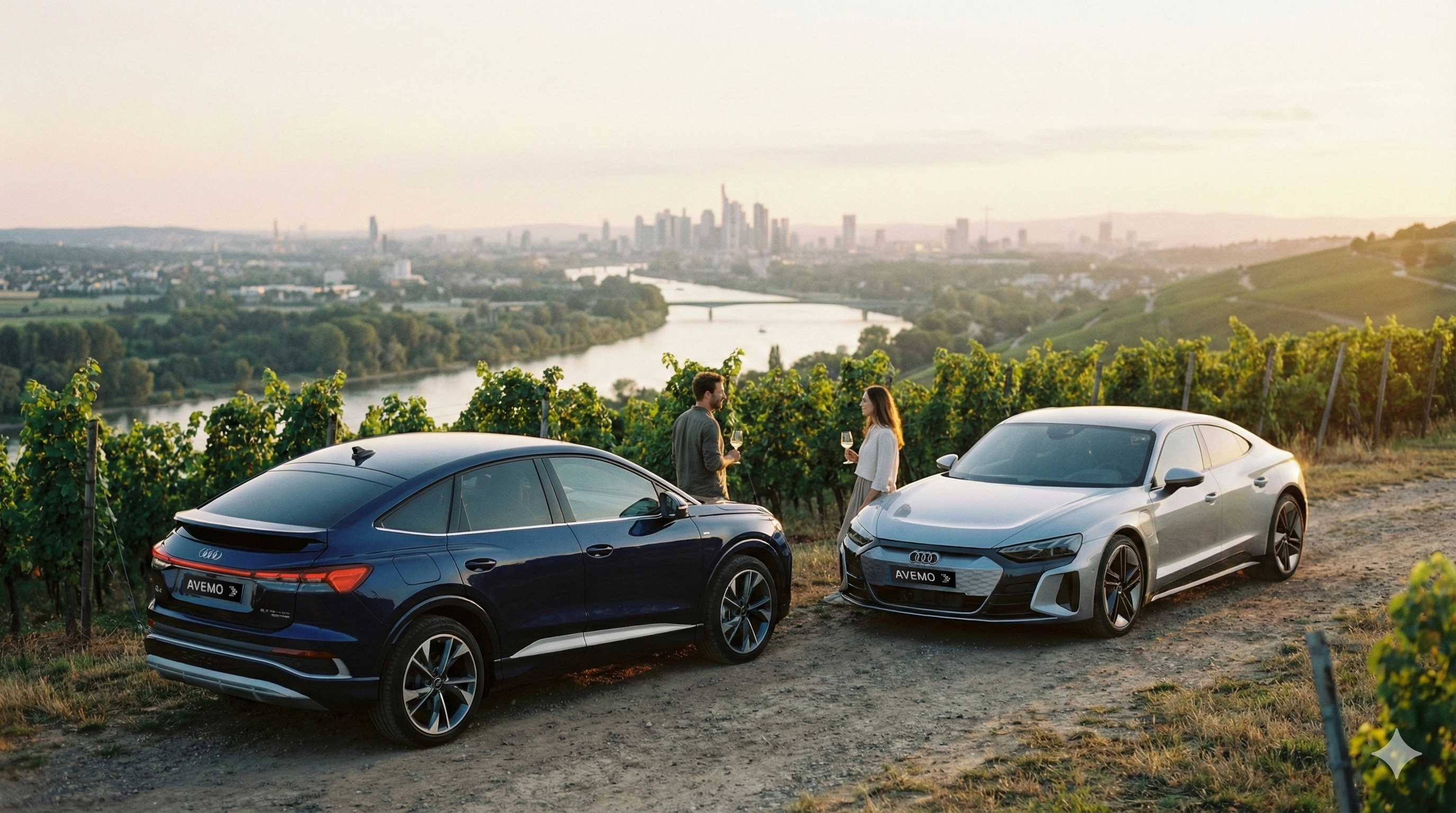 e-tron-sonderleasing-rhein-main-gebiet Ein dunkelblauer Audi e-tron Sportback und ein silberner Audi e-tron GT mit AVEMO-Kennzeichen in einem Weinberg bei Sonnenuntergang. Ein Paar mit Weingläsern genießt den Blick auf einen Fluss und die ferne Frankfurter Skyline.