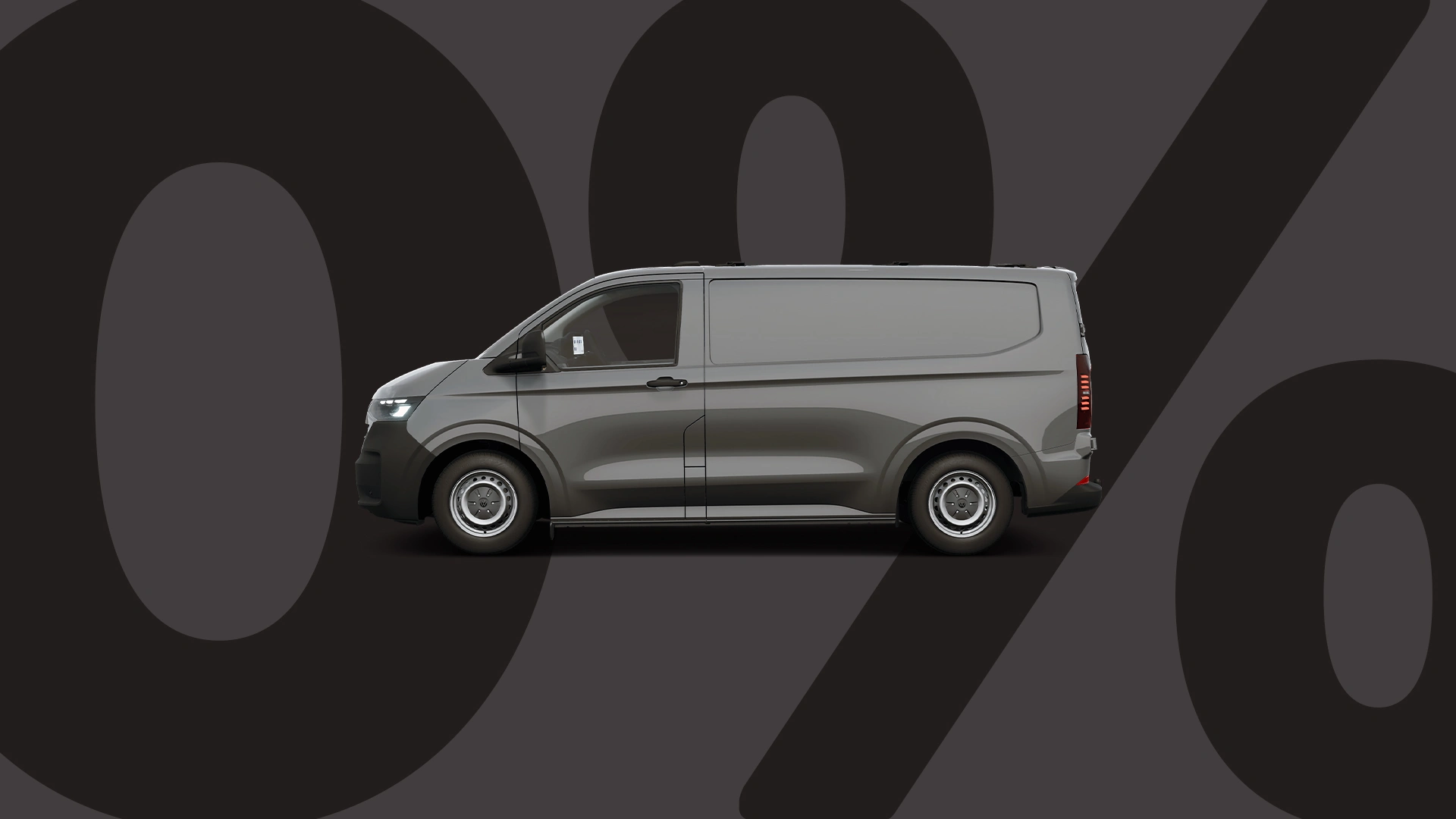 Eine Grafik, die einen dunkelgrauen Volkswagen Transporter auf einem grauen Hintergrund zeigt.