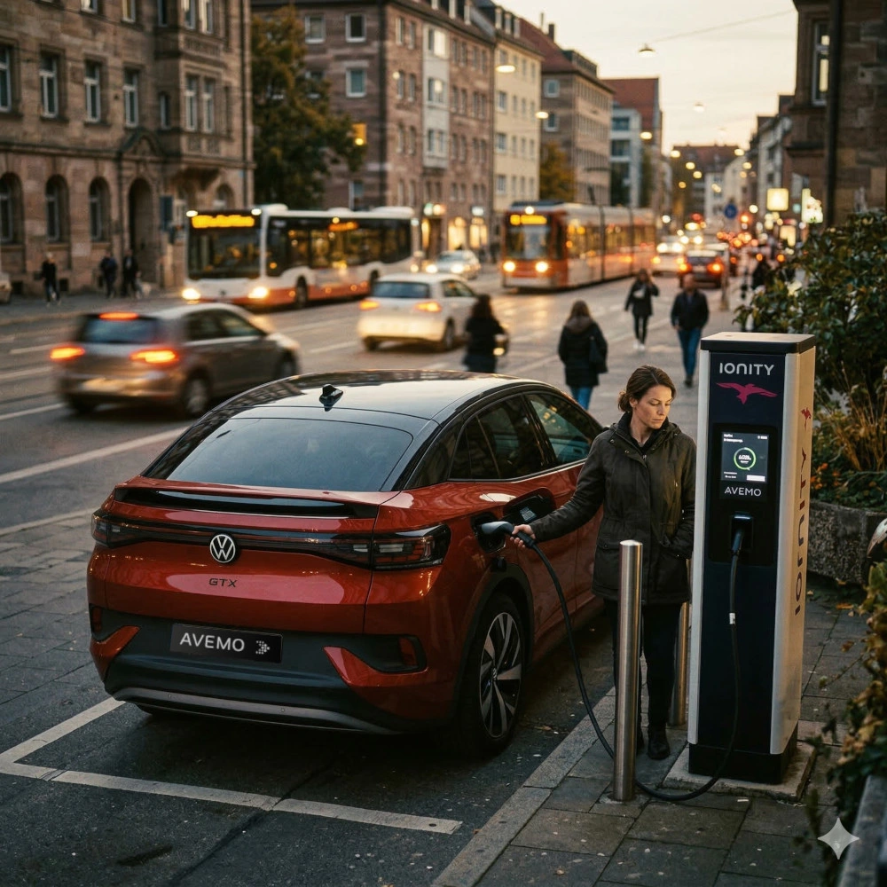 Ein roter Volkswagen ID.5 GTX mit AVEMO-Kennzeichen wird an einer IONITY-Ladesäule in der Stadt aufgeladen. Eine Frau bedient das Ladekabel. Im Hintergrund ist eine belebte Straße mit einer fahrenden Straßenbahn und historischen Gebäuden zu sehen.