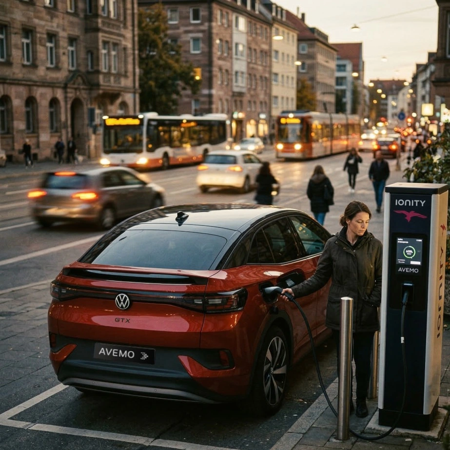 Ein roter Volkswagen ID.5 GTX mit AVEMO-Kennzeichen wird an einer IONITY-Ladesäule in der Stadt aufgeladen. Eine Frau bedient das Ladekabel. Im Hintergrund ist eine belebte Straße mit einer fahrenden Straßenbahn und historischen Gebäuden zu sehen.