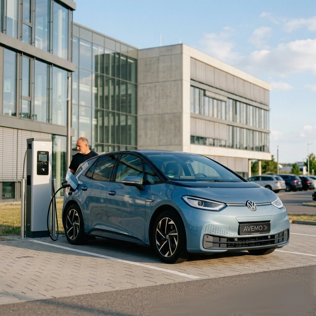 Ein hellblauer Volkswagen ID.3 mit AVEMO-Kennzeichen parkt an einer Ladesäule vor einem modernen Bürogebäude aus Glas und Beton. Ein Mann steht an der Ladestation, während das Elektroauto auf einem gepflasterten Parkplatz aufgeladen wird.