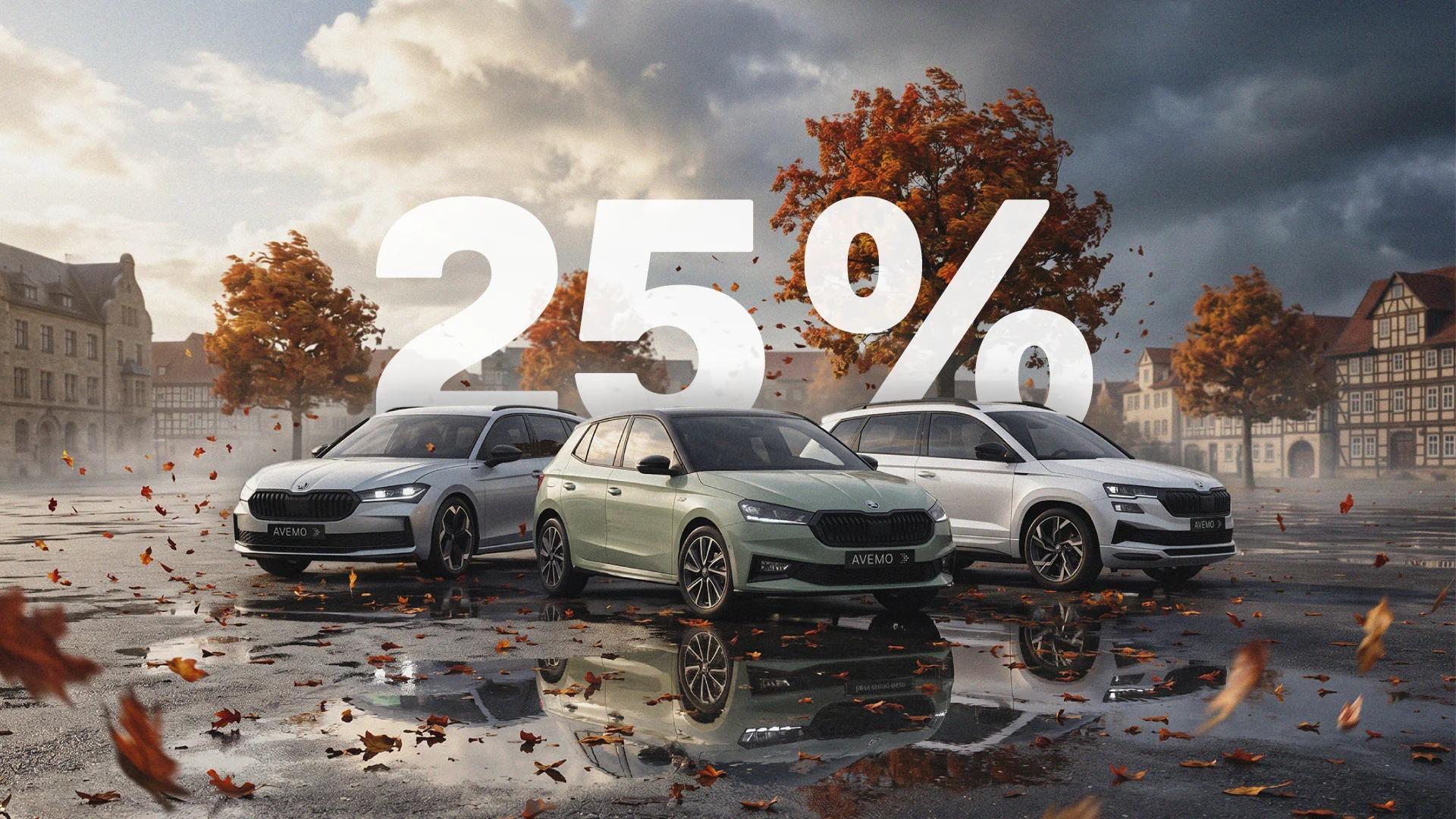 Drei Autos parken auf einem nassen Platz vor Fachwerkhäusern im Herbst, darüber steht groß „25 %“.
