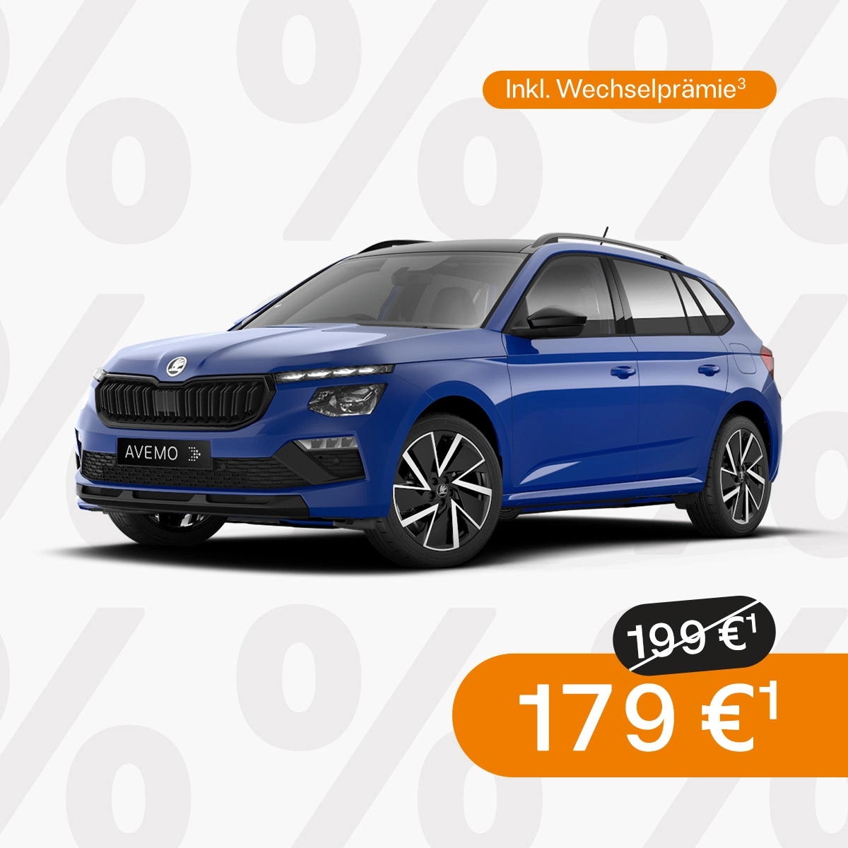 Werbebild eines blauen Škoda Kamiq mit AVEMO-Kennzeichen vor einem Hintergrund aus Prozentzeichen. Der Text bewirbt Privatleasing „Inkl. Wechselprämie“ für 179 € statt ursprünglich 199 €.