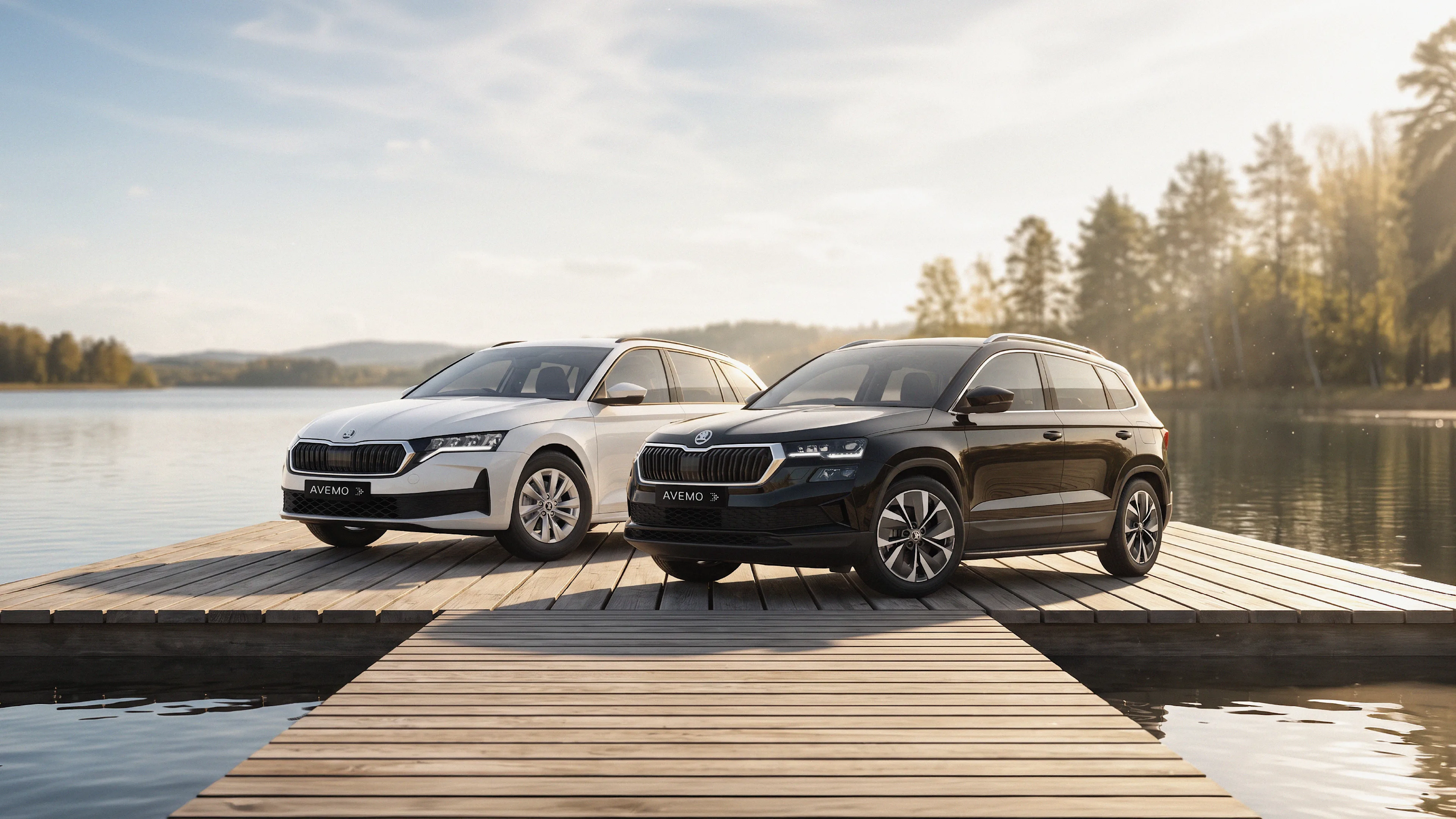 Ein weiße Škoda Octavia Combi und ein schwarzer Škoda Karoq SUV parken nebeneinander auf einem Holzsteg an einem ruhigen See im warmen Sonnenlicht vor einer Natur- und Waldkulisse. Beide Fahrzeuge tragen Nummernschilder mit dem Schriftzug AVEMO.