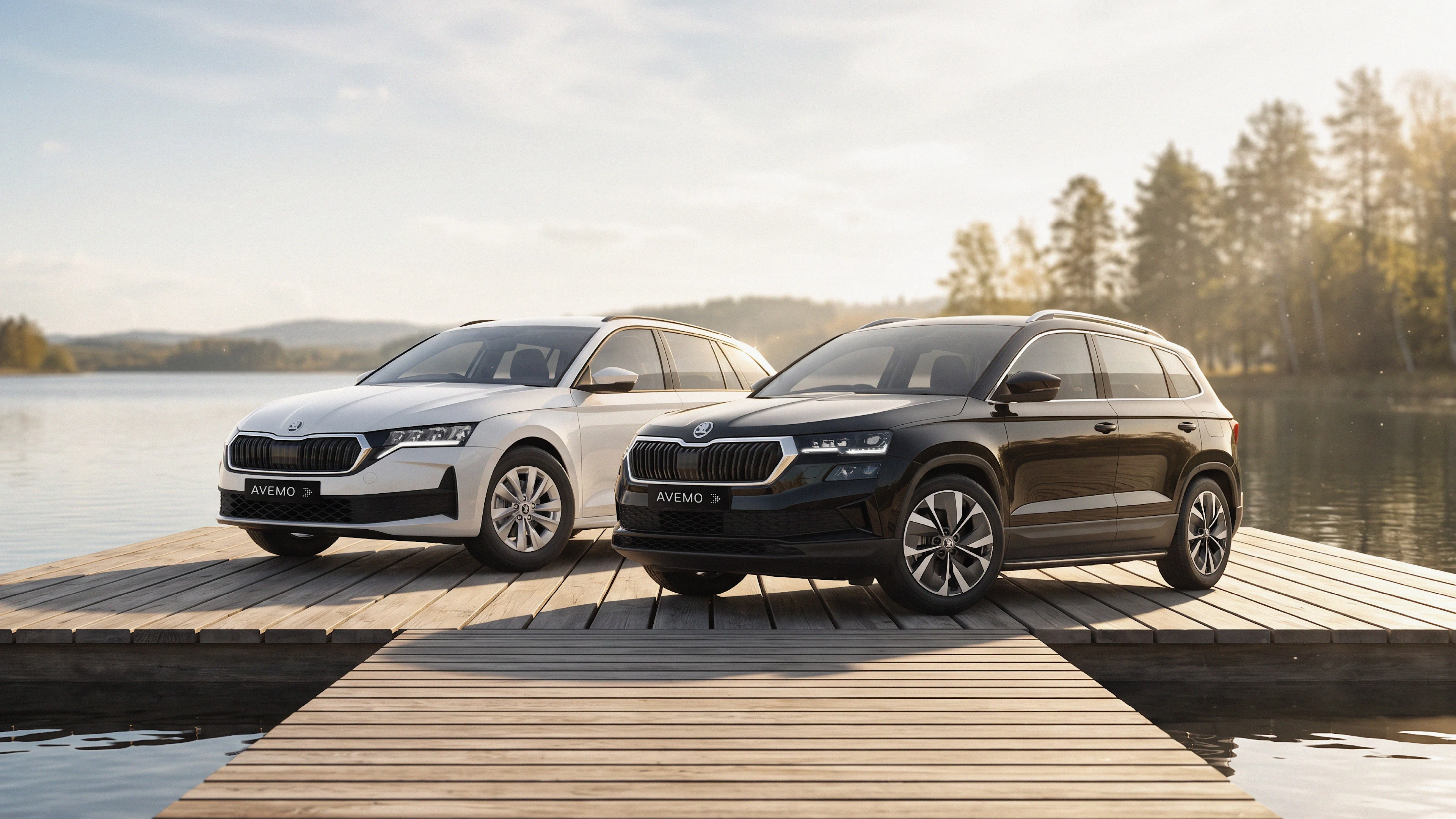 26-117 Skoda Summer Deals Ein weiße Škoda Octavia Combi und ein schwarzer Škoda Karoq SUV parken nebeneinander auf einem Holzsteg an einem ruhigen See im warmen Sonnenlicht vor einer Natur- und Waldkulisse. Beide Fahrzeuge tragen Nummernschilder mit dem Schriftzug AVEMO.
