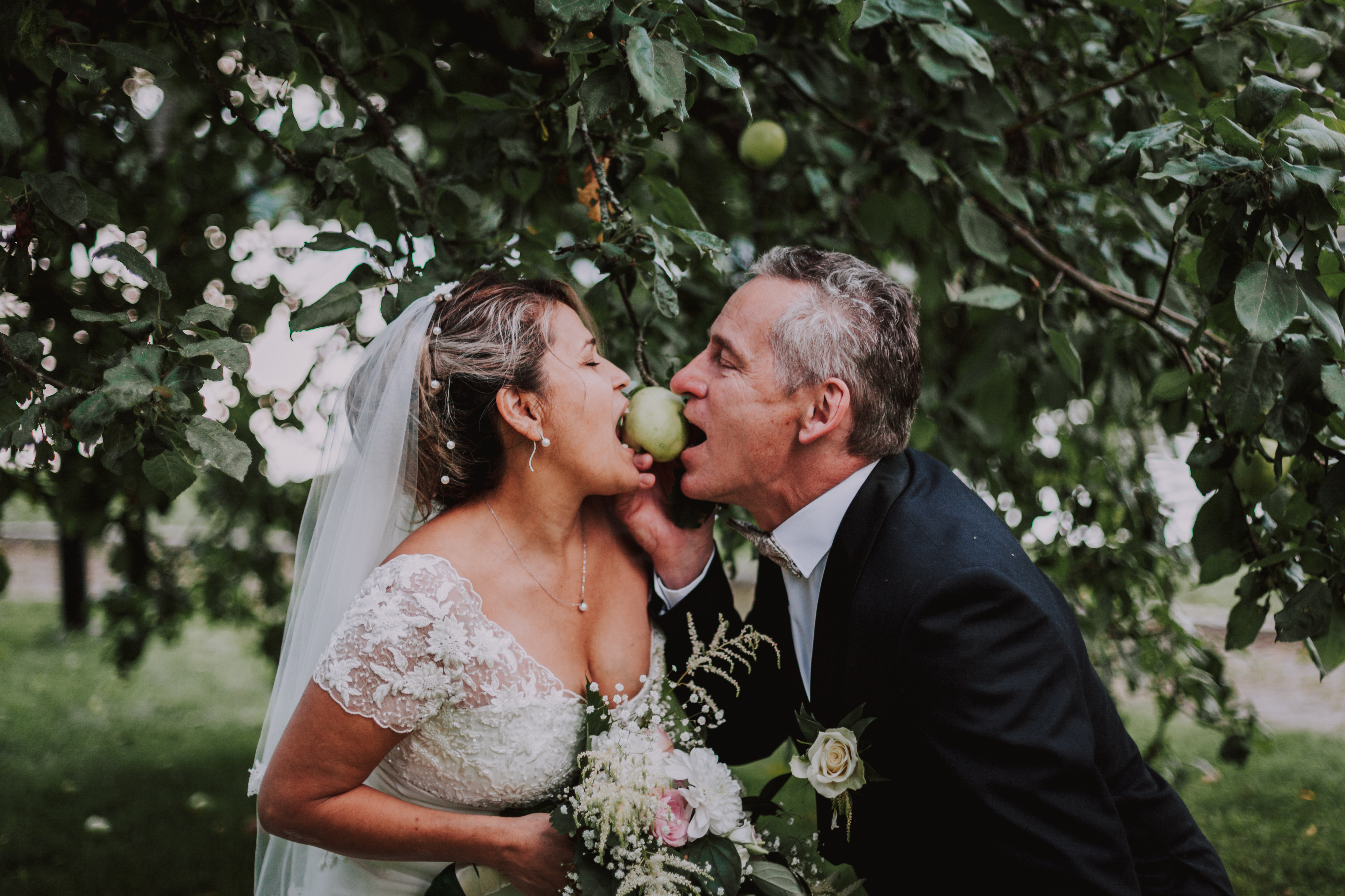 Hääpari haukkaa samaa omenaa omenapuun edessä hääpotrettien aikana Heinolassa