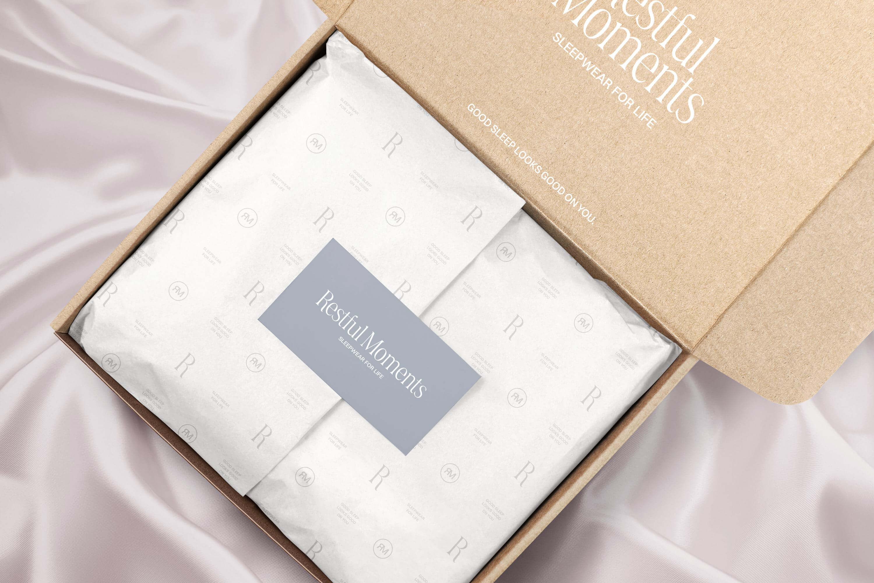 Packaging design for Restful Moments, an e-commerce sleepwear brand.