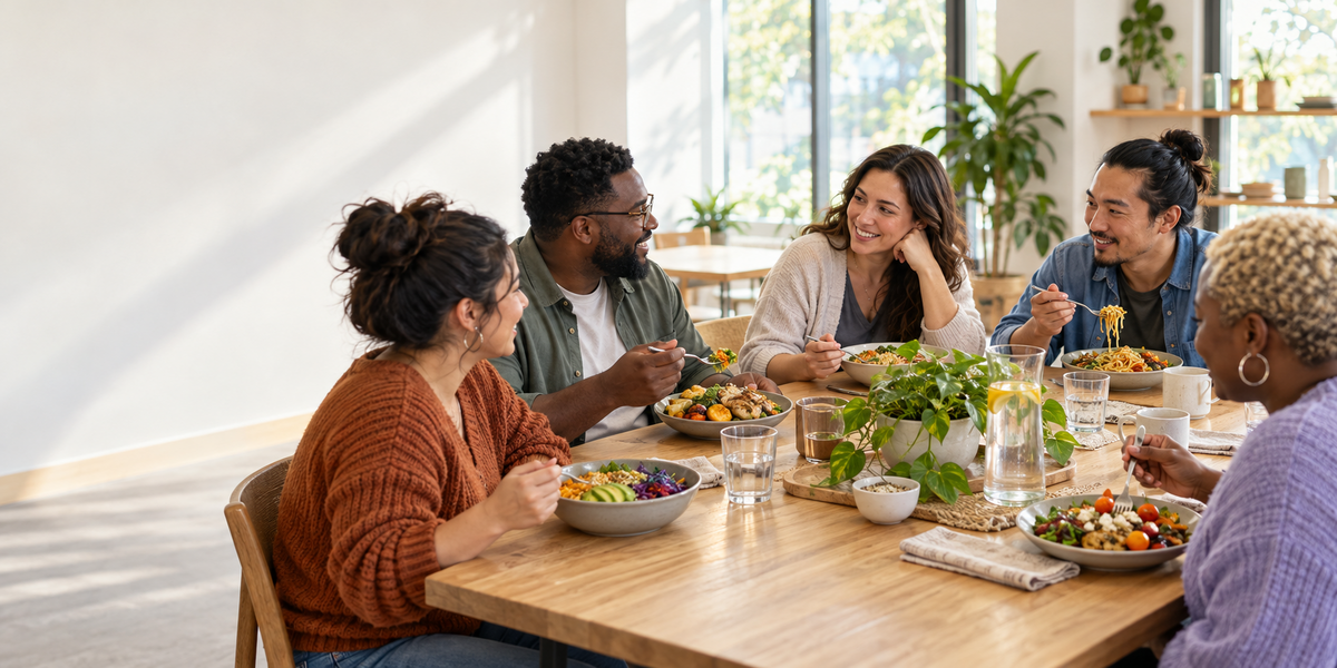 Patients and a staff member share prepared meals during a break in a daytime outpatient treatment program.