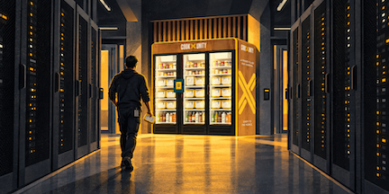 Night shift worker walking towards the cookunity smart fridge