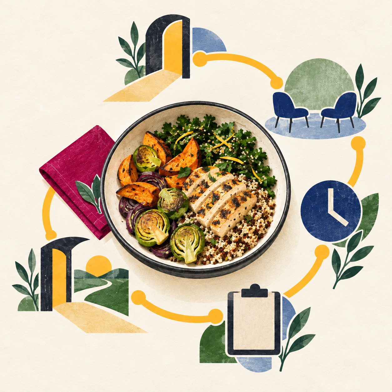 Chef-prepared meal surrounded by a circular yellow route linking treatment-day arrival, therapy, scheduling, and care coordination.