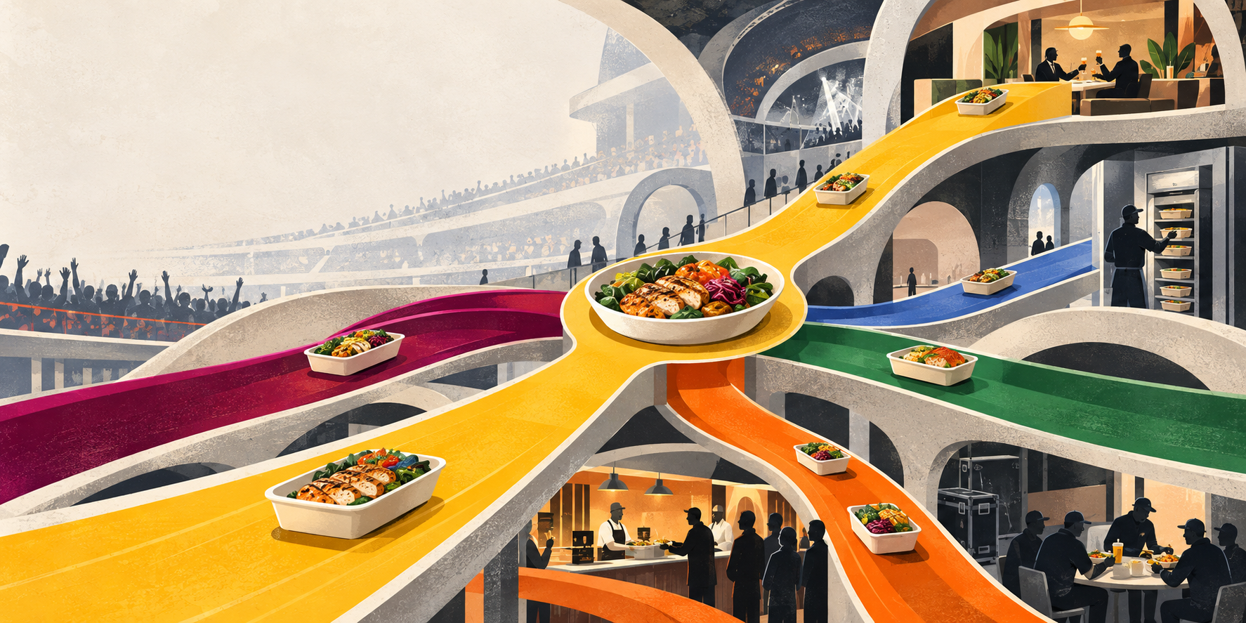 A large, beautifully composed chef-made meal at the center of an abstract live-event venue map. Elegant pathways radiate from the meal toward simplified scenes representing suite guests, production crew, speakers, volunteers, and concourse attendees. Small visual cues suggest loading access, refrigeration, timed pickup, and service stations without using text.