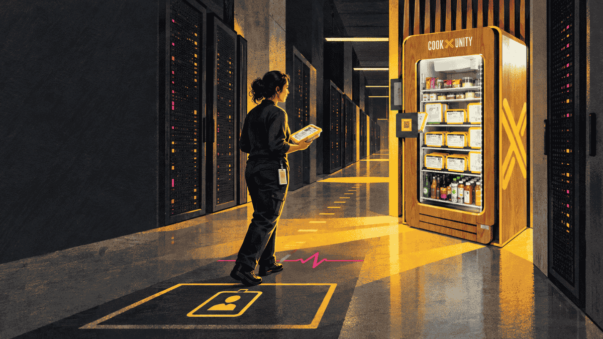 A cinematic illustrated data-center corridor at night, simplified into strong planes and repeating server geometry. At its end or central intersection, an open smart fridge casts a warm yellow rectangle of light. A single badged worker approaches with a meal in hand. Discreet repeating motifs in the floor and walls suggest access checkpoints, temperature pulses, and the passing hours.