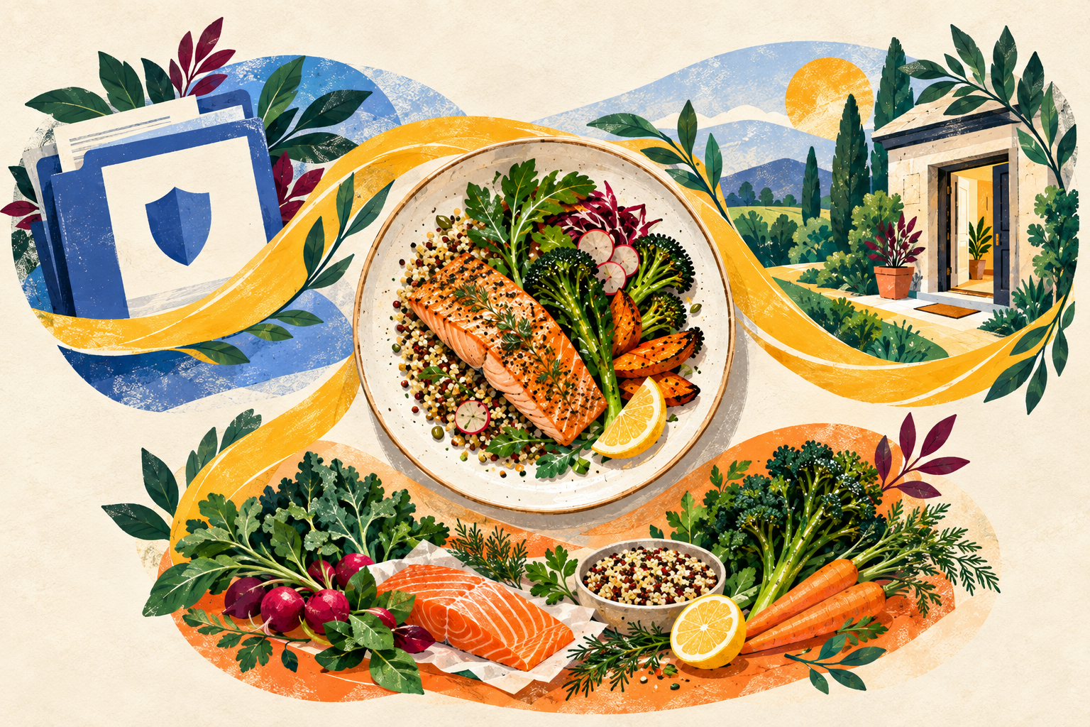 llustration of a benefits folder with a shield icon beside a plate of salmon, quinoa, and roasted vegetables, with fresh ingredients below and a home in the background