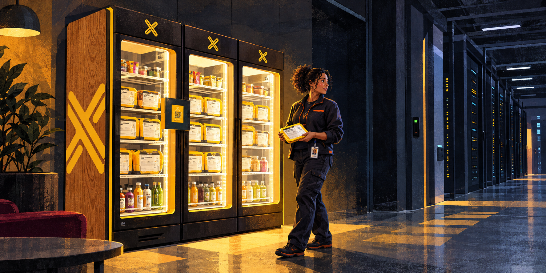 Three fully stocked cookunity smart fridges while night shift worker grabs a meal