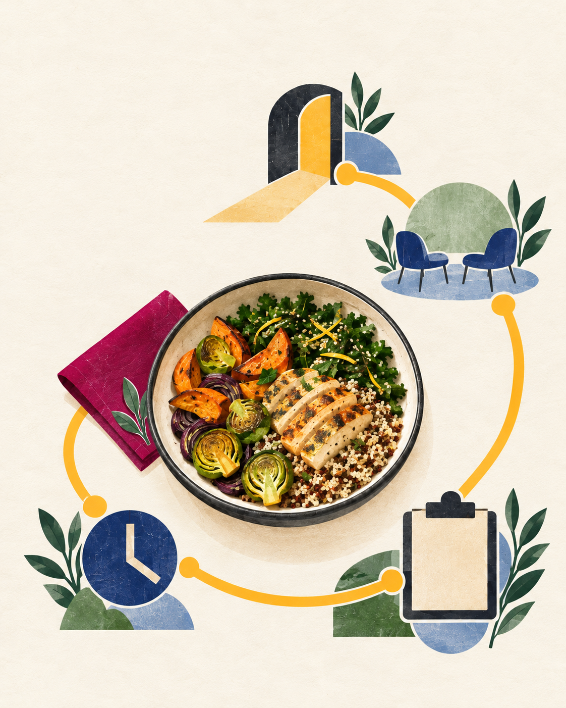Vertical illustration of a chef-prepared meal at the center of a treatment-day path connecting arrival, therapy, timing, and care planning.