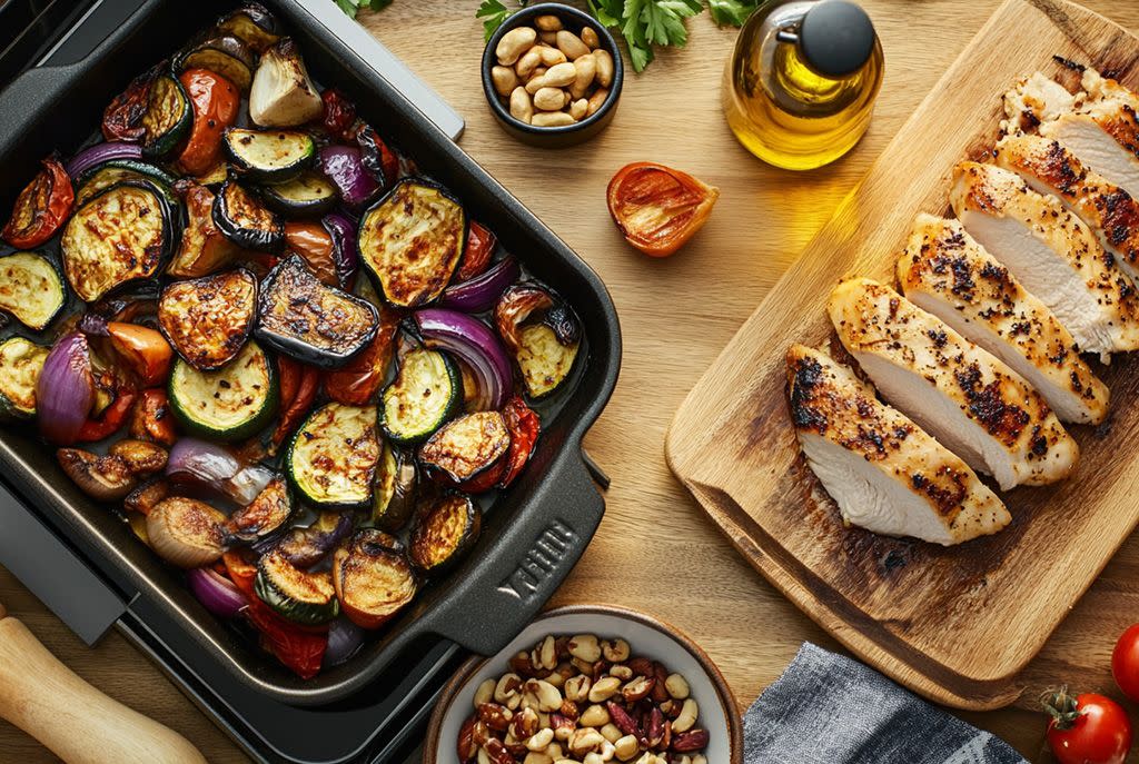 Mediterranean Diet Meal Plan - Roasted Vegetables and Baked Chicken