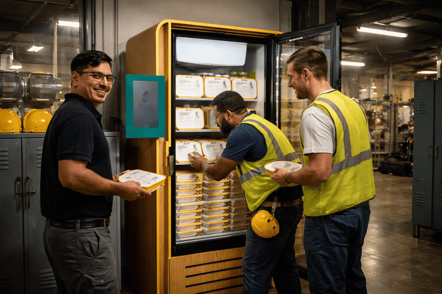 Factory night shift workers accessing chef-crafted meals from a CookUnity Smart Fridge in a manufacturing breakroom