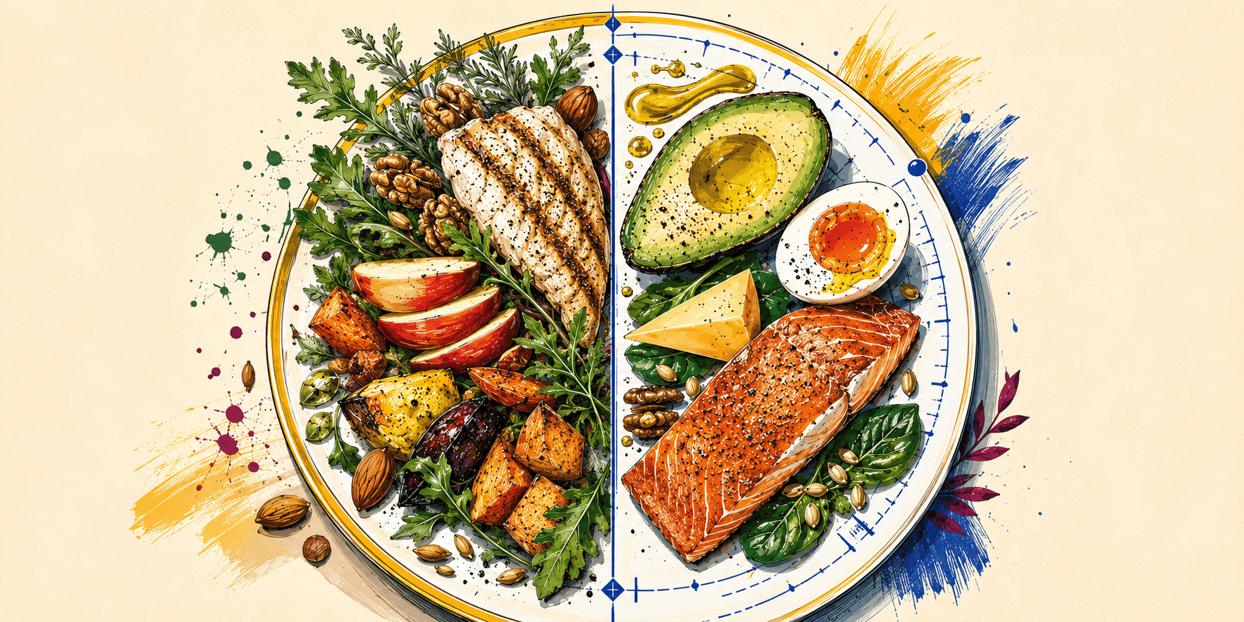 Illustrated split dinner plate comparing paleo and keto diets, with whole foods like chicken, apples, nuts, and vegetables on one side and low-carb keto foods like avocado, egg, cheese, salmon, and greens on the other.