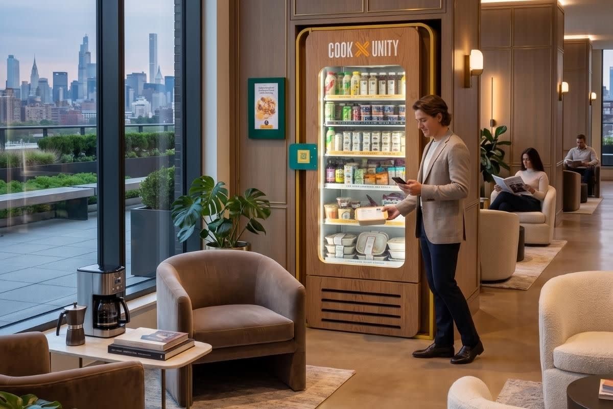 Resident using a smartphone to select a meal from a CookUnity smart fridge in a luxury apartment building lobby with city skyline views