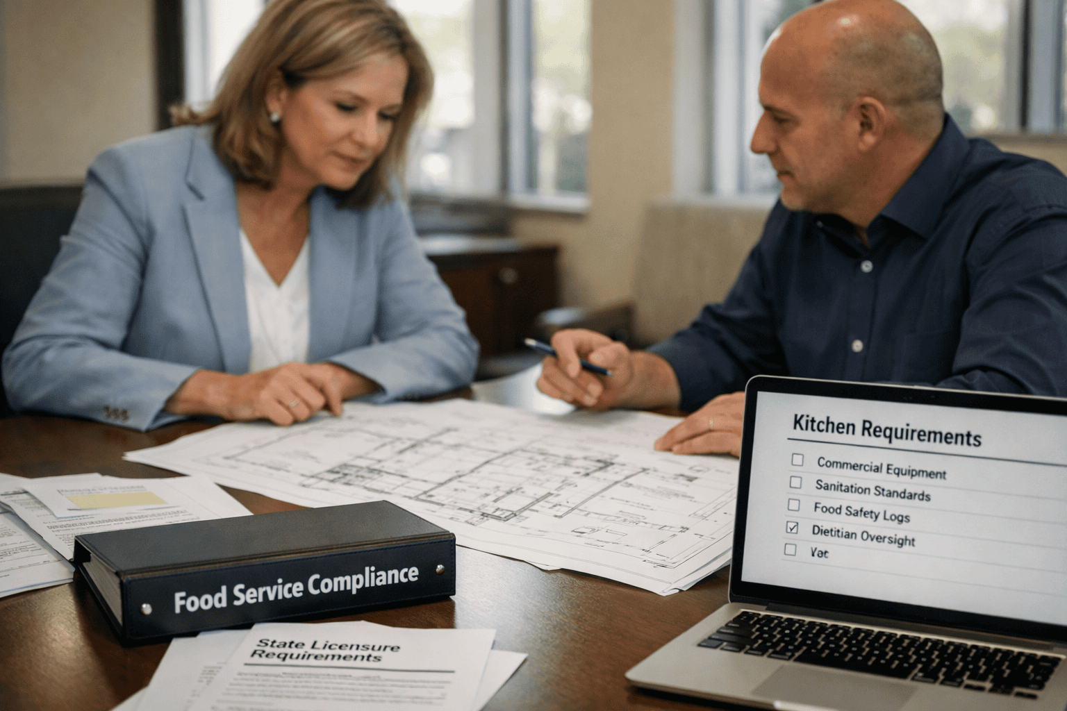 Healthcare executives reviewing kitchen requirements and food service compliance documents during residential treatment center planning