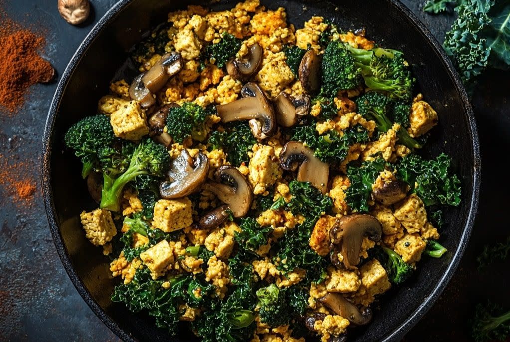 Tofu Scramble with Broccoli, Mushrooms, and Kale