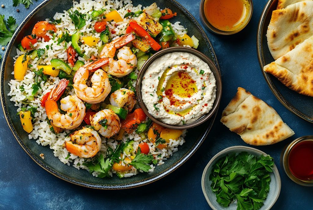 Mediterranean Diet Meal Plan - Shrimp over Herb Rice with Hummus and Pita