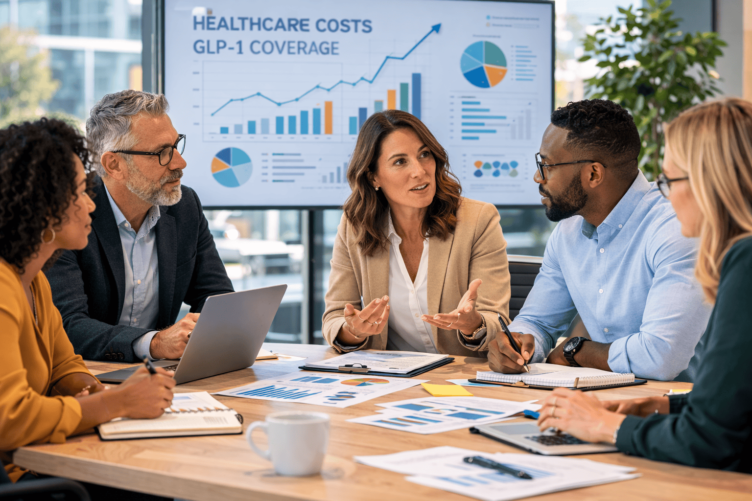 Benefits leaders reviewing healthcare cost reports while discussing GLP-1 coverage strategy.