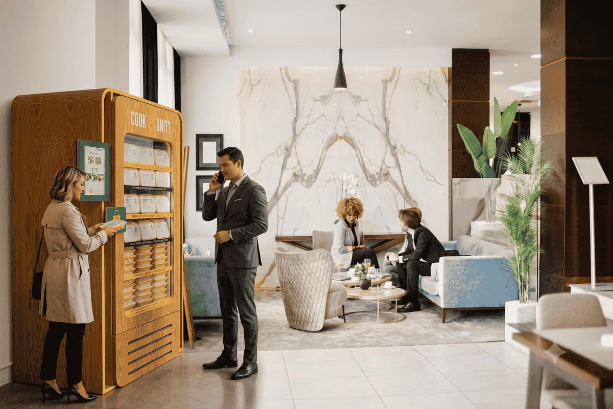 Resident using a smartphone to select a meal from a CookUnity smart fridge in an upscale apartment building lobby with marble walls and lounge seating