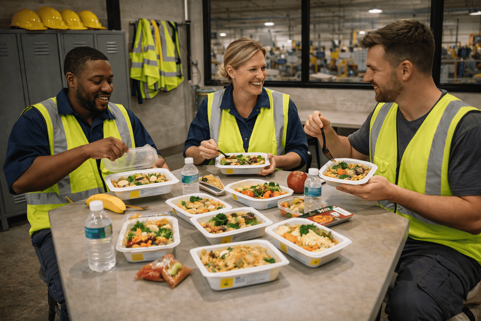 Factory workers enjoying fresh prepared meals together in a manufacturing breakroom during a shift break.