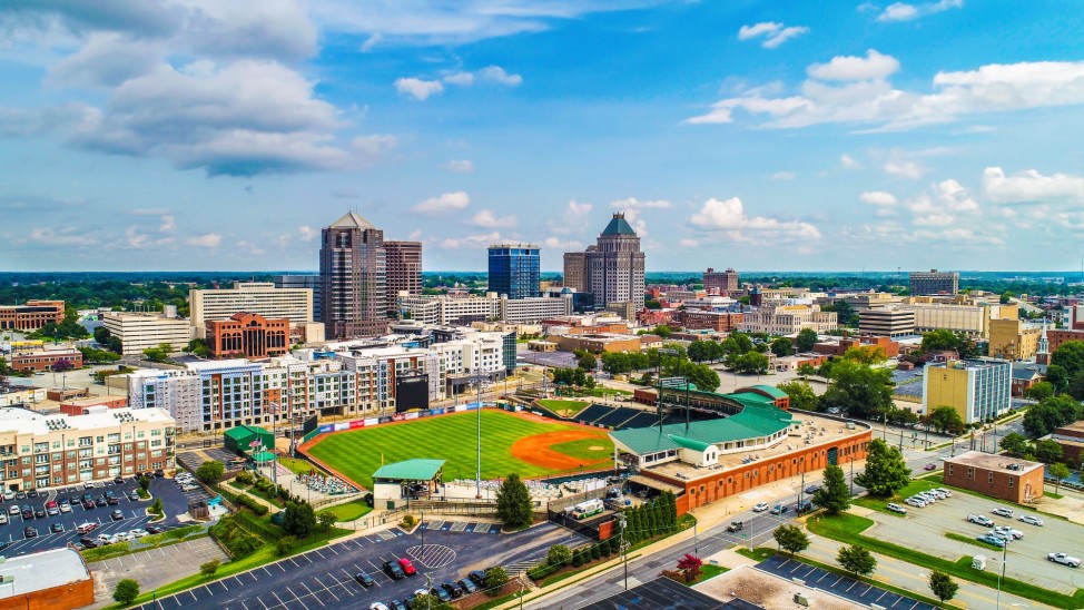 Greensboro, North Carolina cityscape and baseball diamond - go grasshoppers!