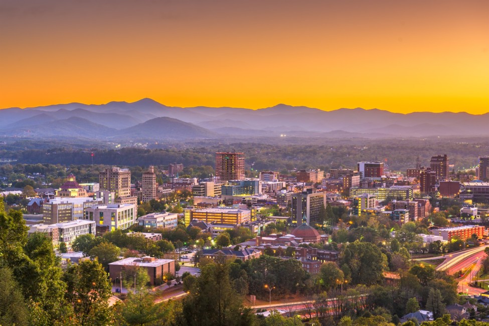 Asheville, North Carolina cityscape - nestled in the Appalachian mountains
