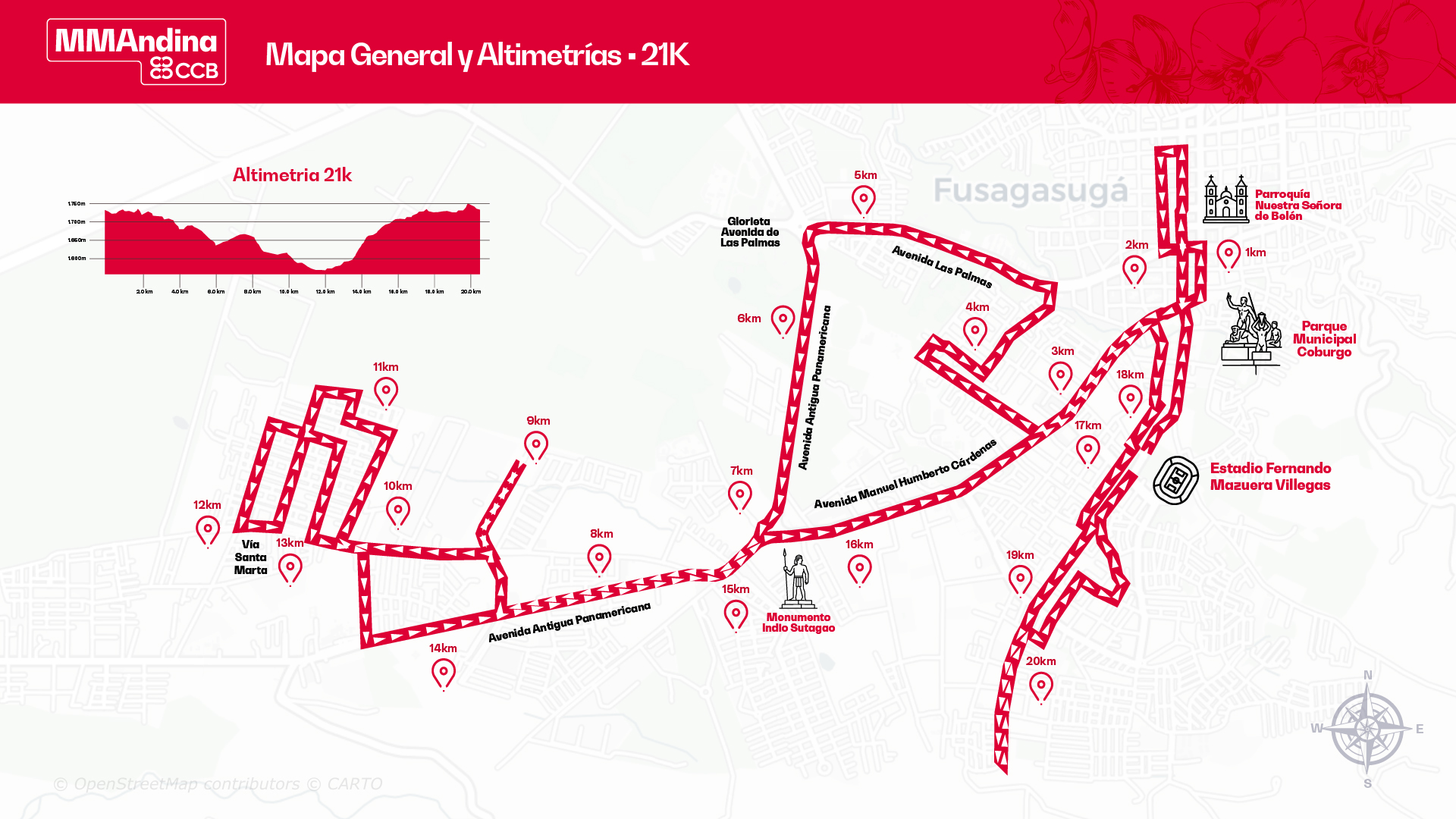 Imagen con el mapa del recorrido de 21k para la media maratón andina