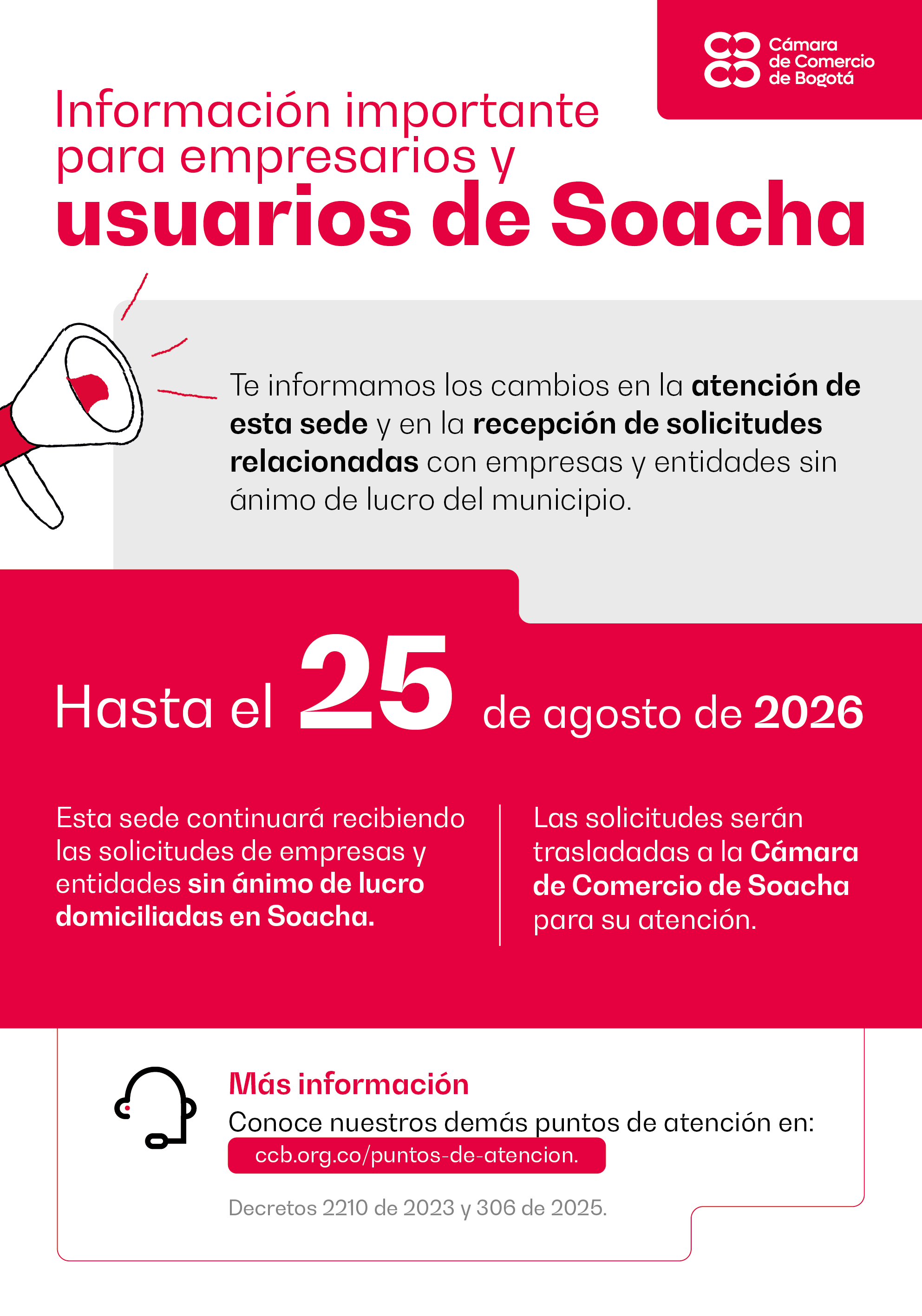 Aviso para la sede Soacha, con novedades en su atención al usuario.