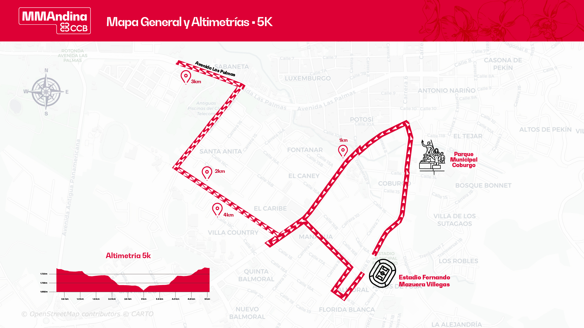 Imagen con el mapa del recorrido de 5k para la media maratón andina