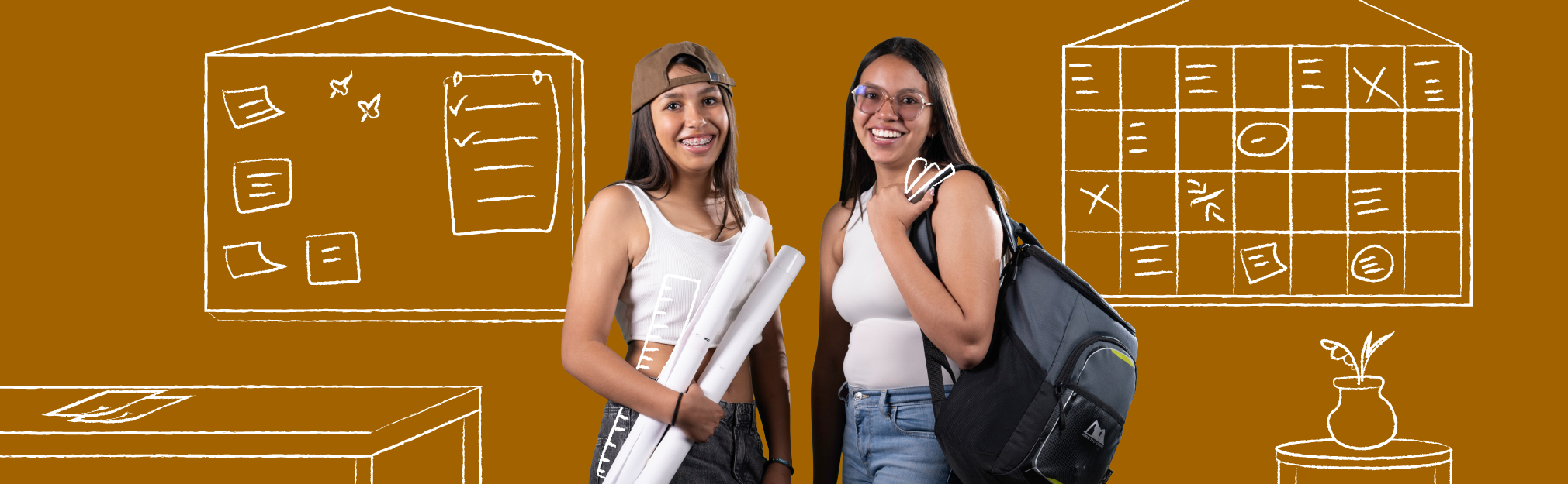 Photograph of two young students with blueprints in hand, brown illustration in the background.