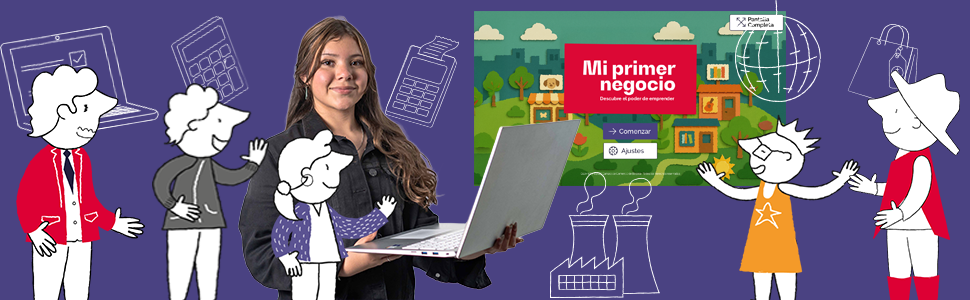 Fotografía de una niña sentada, leyendo un libro con una ilustración de fondo de color morado.