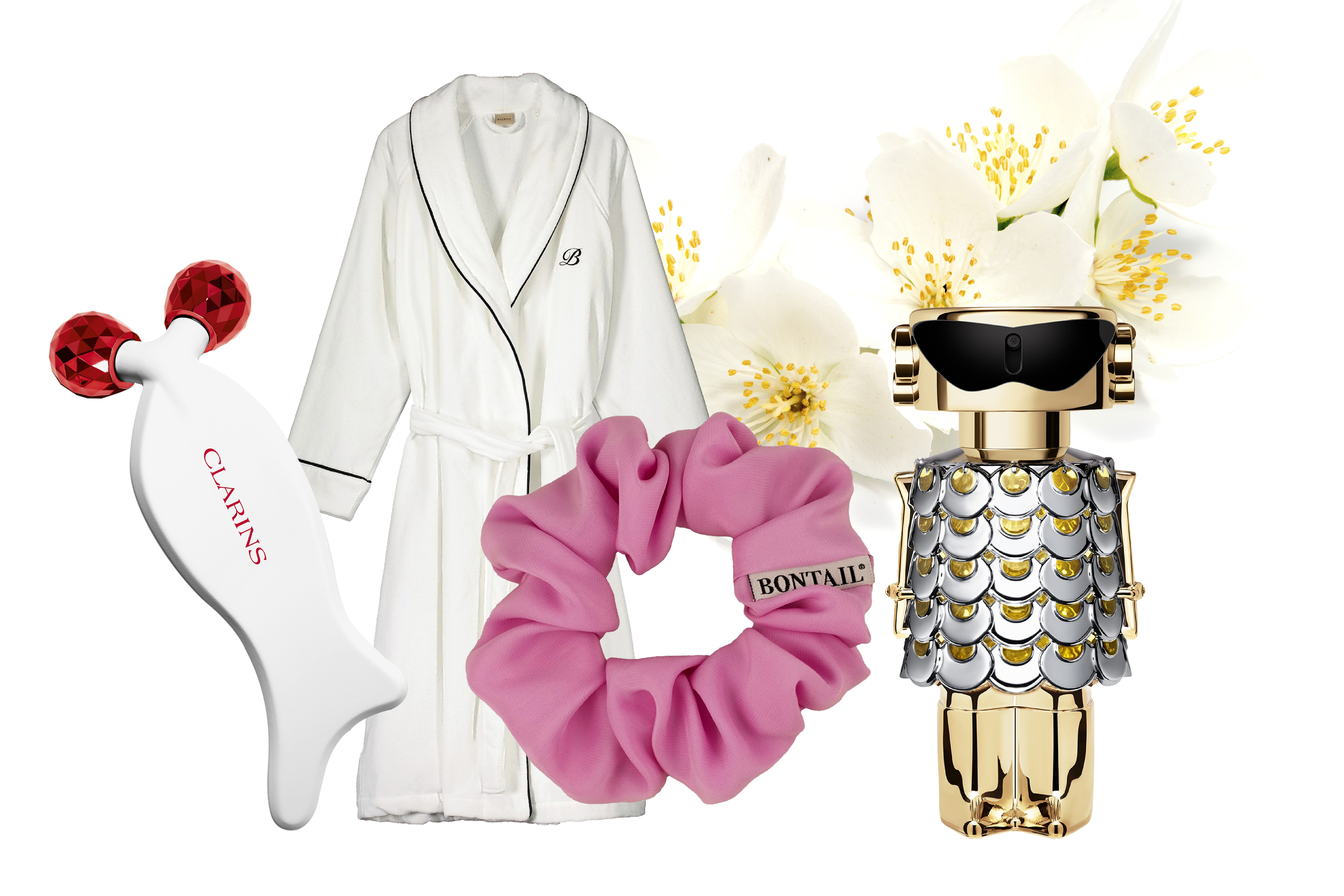 1. Hierontarullan ja gua sha -lastan yhdistävä kasvohierontaväline heleyttää ihoa, edistää nestekiertoa ja rentouttaa oloa. Clarins Resculpting Beauty Flash Facial Roller 45 e. 2. Puuvillakylpytakkiin on ylellistä kääriytyä. Sen voi personoida nimikoinnilla. Balmuir Portofino Bath Robe (XS–XL) 199 e, nimikointi Balmuirin liikkeessä 39 e. 3. Silkkinen hiusdonitsi on paitsi söpö asuste myös hellä hiuksille. Se antaa napakan pidon kampauksiin hiuksia sähköistämättä. Matta Candy-silkkiscrunchie 24,90 e, Bontail. 4. Hajuvesi, joka pääsee paraatipaikalle! Näyttävään pulloon on pakattu mangoa, bergamottia, jasmiinia, suitsuketta, santelipuuta ja vaniljaa. Paco Rabanne Fame EdP 110,80 e.