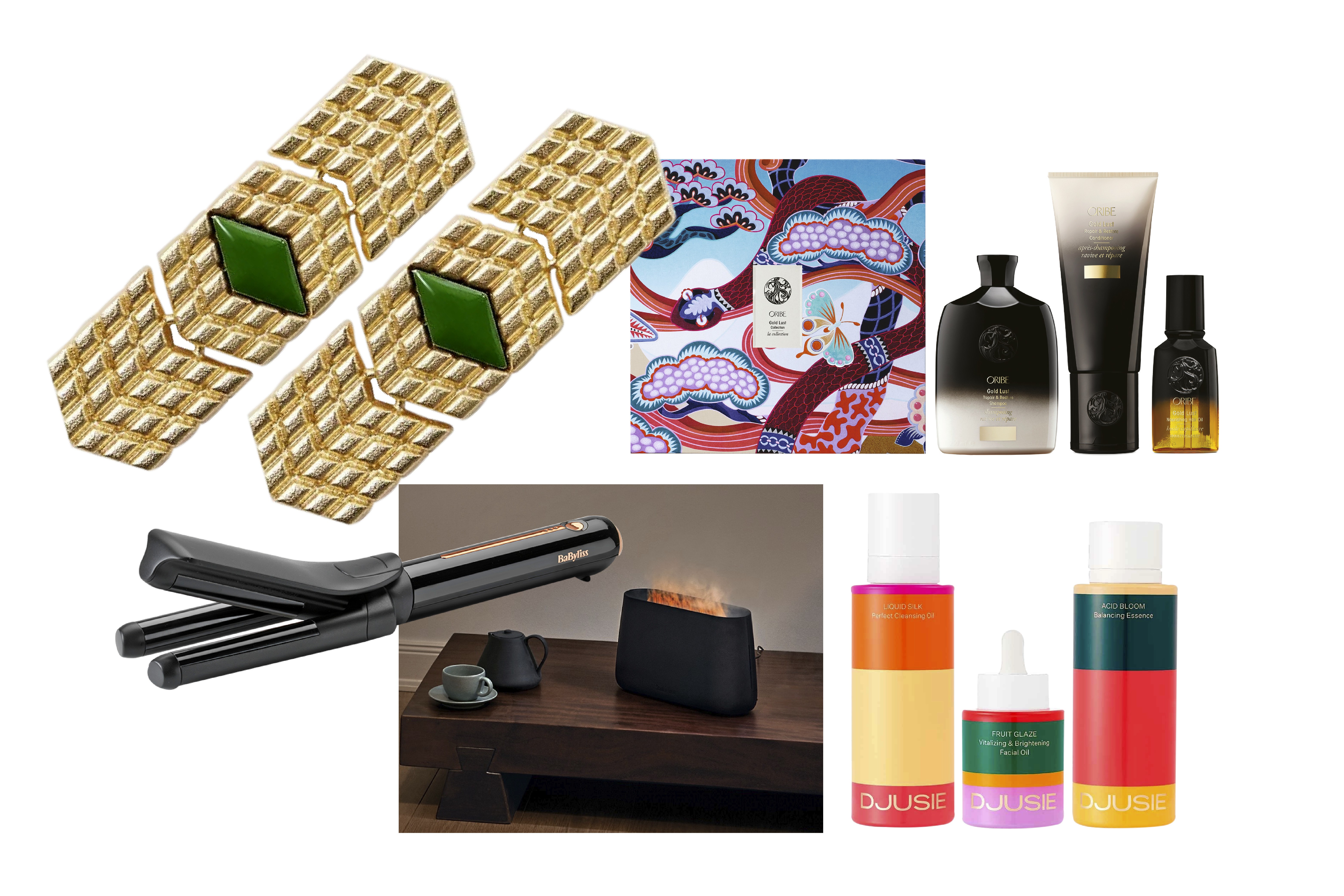 1. Lahja hyvälle haltialle. Pronssiset Kalevala Koru Haltija -korvakorut 230 e. 2. Langaton lainerauta tekee hiusten laittamisesta helppoa, kun johto ei ole tiellä. Kova paketti kiharafanille! BaByliss Cordless Waver 199 e. 3. Ilmankostutin tuo kotiin tunnelmaa liekkiefektillä, jonka kokoa pystyy säätämään. Laitetta voi käyttää myös aromadiffuuserina. Stadler Form Ben 129 e. 4. Ylellinen hiustuotesetti tuo luksusta ja kiiltoa hiuksiin. Pakkauksessa on sampoo, hoitoaine ja hoitoöljy. Oribe Gold Lust Collection 118 e. 5. Luonnonkosmetiikkasarjan tehotrio on ihon toivelahja. Öljyputsari, happohoitovesi ja kasvoöljy ravitsevat ja heleyttävät ihoa. Djusie Full Bloom Box 119 e.