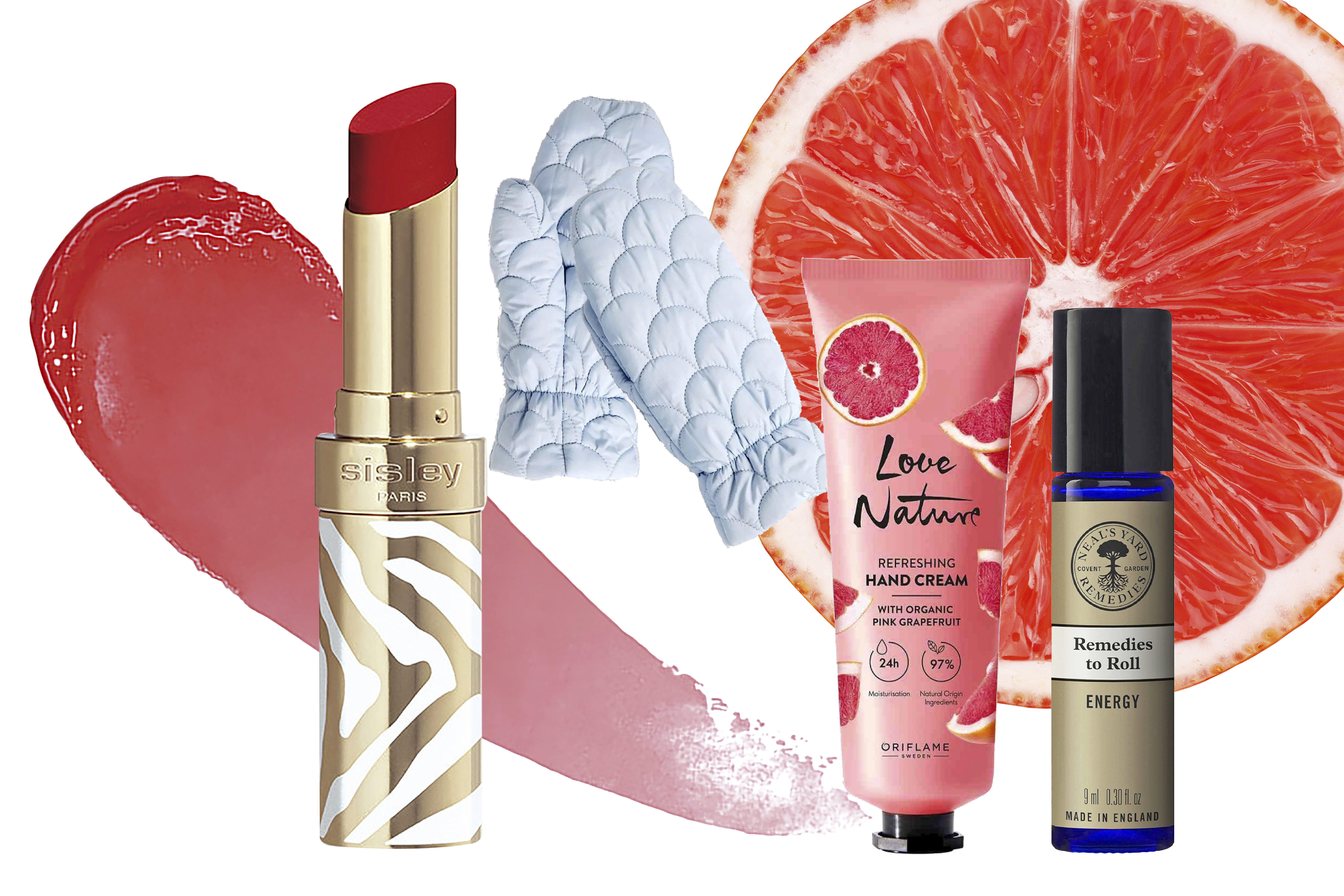 1. Huulipuna on ylellinen lahja punattujen huulien ystävälle. Hoitava koostumus täyteläistää ja antaa upean kiillon. Sisley Phyto-Rouge Shine 31 Sheer Chili 51 e. 2. Tikkilapaset pitävät kädet lämpiminä ja torjuvat harmaata arkea. Bobi Mittens 65 e, R/H. 3. Käsivoide on talvella tarpeen – eikä siis jää nurkkiin pölyttymään. Verigreipin tuoksuinen Love Nature Refreshing Hand Cream 4,90 e, Oriflame. 4. Eteerinen tuoksuseos rullaa iholle käden käänteessä lisää energiaa tai keskittymiskykyä. Neal’s Yard Remedies Remedies to Roll Energy 11 e.