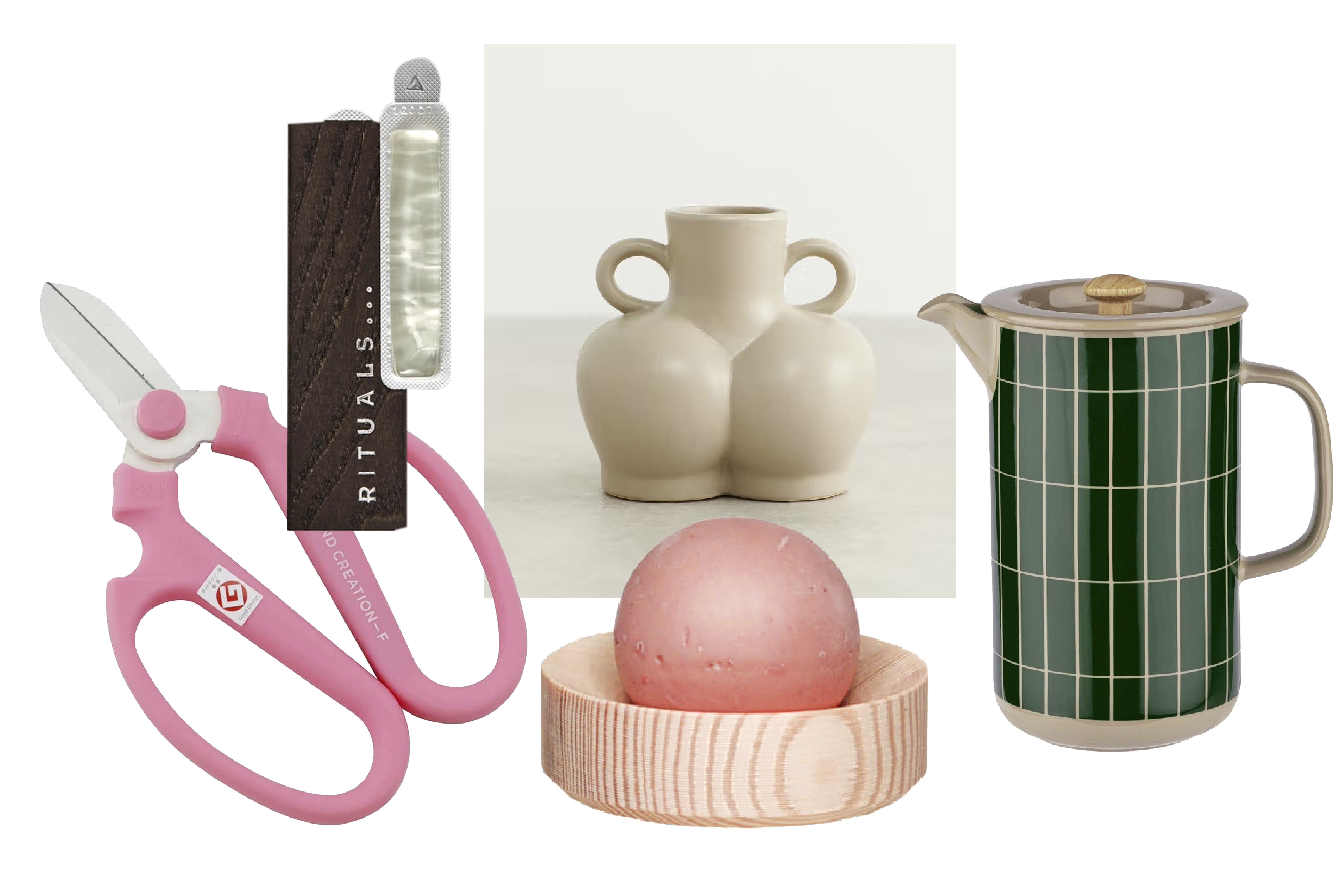 1. Kukkasakset ilahduttavat ja helpottavat elämää joka kerta, kun leikkokukkiin pitäisi veistää uudet imupinnat. Sakagen Hand Creation Flower Scissors 55 e. 2. Autonraikastin sopii hänelle, jolla on jo kaikkea, mukaan lukien auto. Kirsikankukilta tuoksuva Rituals Life is a Journey Sakura Car Perfume 19,50 e. 3. Maljakko muistuttaa häpeilemättä, että jokainen kukka saa kukkia. Lanteilla voi säilyttää myös koruja. Ceramic Hips Vase 34,99 e, Gina Tricot Home. 4. Saippuapallon patsuli, jasmiini ja rosmariini tuovat iloa käsienpesurutiiniin. Ilo-suolasaippua ja mäntyalusta 32 e, Hetkinen x Hakola. 5. Pressopannu varmistaa, että kahvitarjoilu pelaa myös kotioloissa. Marimekko Oiva Tiiliskivi -pressopannu 119 e.