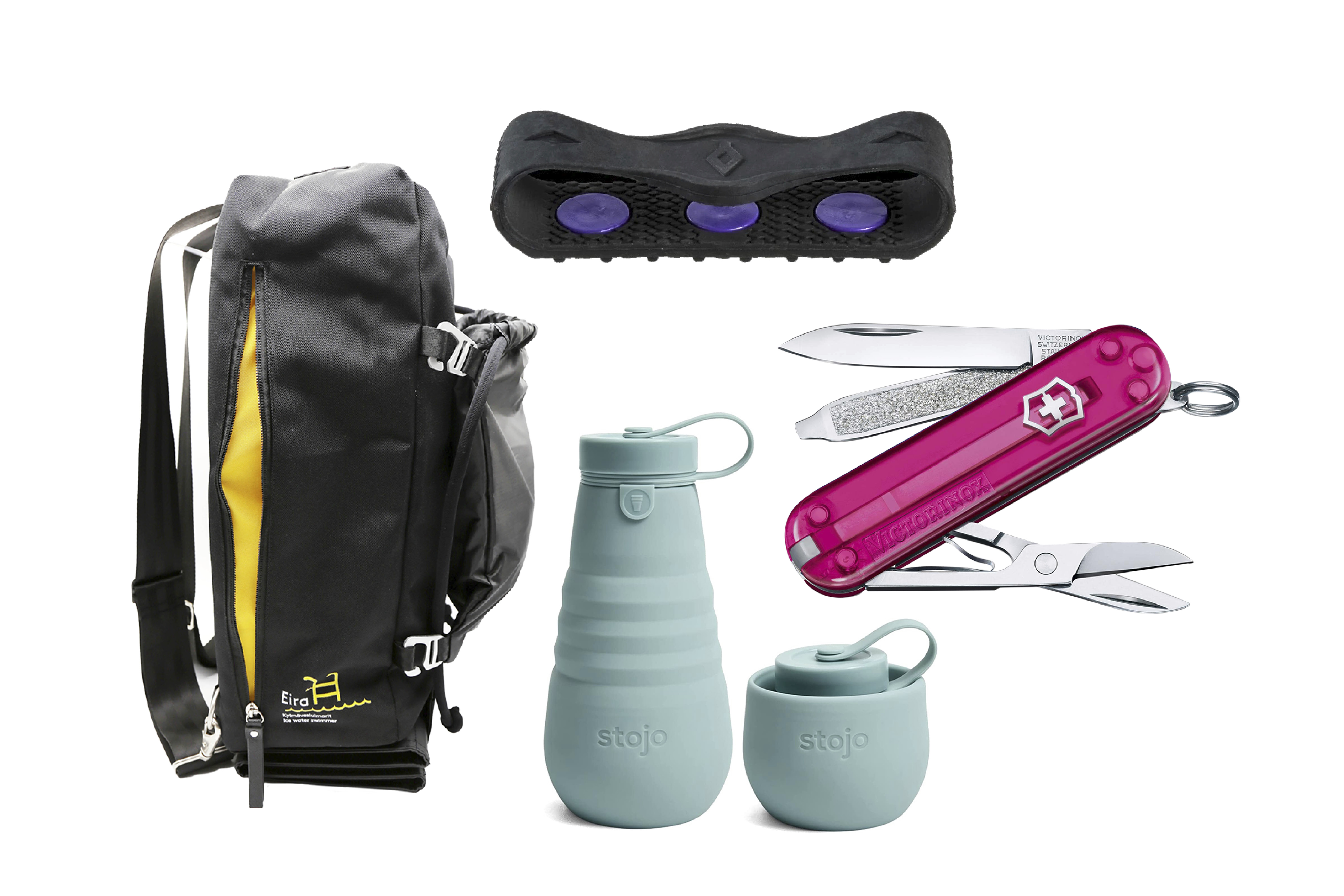 1. Avantouintirepun (20 l) vetoketjuvetimet eivät jäädy pakkasella sormiin kiinni. Märille ja kuiville tarvikkeille on omat osastonsa. Eira Ice Swimmer Bag 159 e, Lumi Accessories. 2. Sirot liuku­esteet pitävät pystyssä liukkailla ja sopivat useimpiin kenkiin päkiän kohdalle. Springyard Frontgrip -liukuestepari 9,99 e. 3. Astianpesukoneen kestävä kokoontaittuva juomapullo (590 ml) on helppo pitää mukana. Stojo Collapsible Bottle 22 e, terrazerostore.com. 4. Minilinkkuveitsi ei jätä pulaan. Avaimenperässä kulkevat mukana sakset, kynsiviila, pinsetit, hammastikku, veitsi ja ruuvitaltta. Victorinox Classic SD Cuocake Dream 24,95 e.