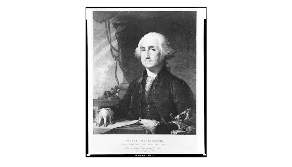 A black of white depiction of president George Washington sitting at a desk.