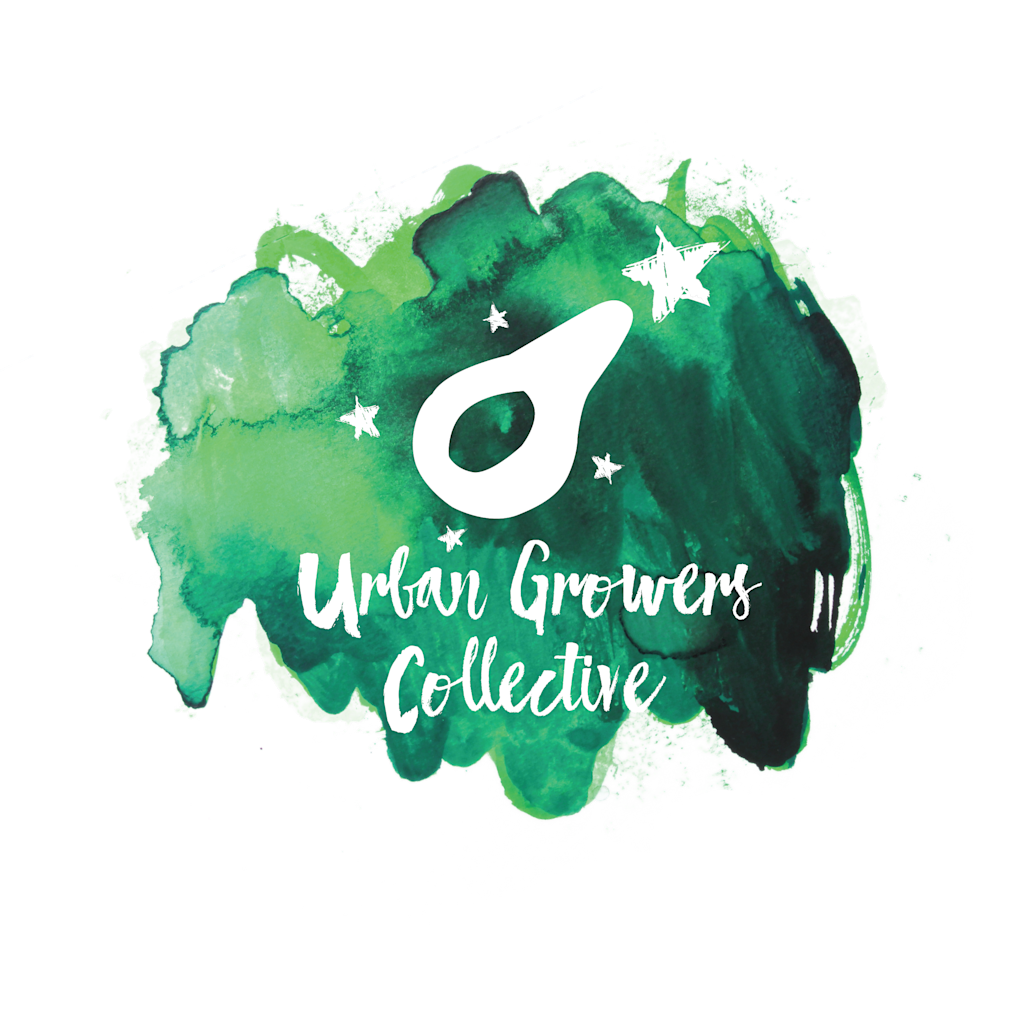 Urban Growers Collective logo featuring an illustrated avocado over a green watercolor background