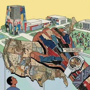An illustration in a bold-line, distorted-proportion style featuring a massive hand and arm covered in a textured collage of colorful torn paper, a hallmark of artist Mark Bradford's work. The hand holds a large, similarly textured map of the United States. In the background, the modern architectural buildings of the Obama Presidential Center campus are depicted under a pale yellow sky, with a small sign that reads "Layers of America: Mark Bradford." A tiny figure in the bottom corner looks up at the scene, emphasizing the exaggerated scale of the hand.