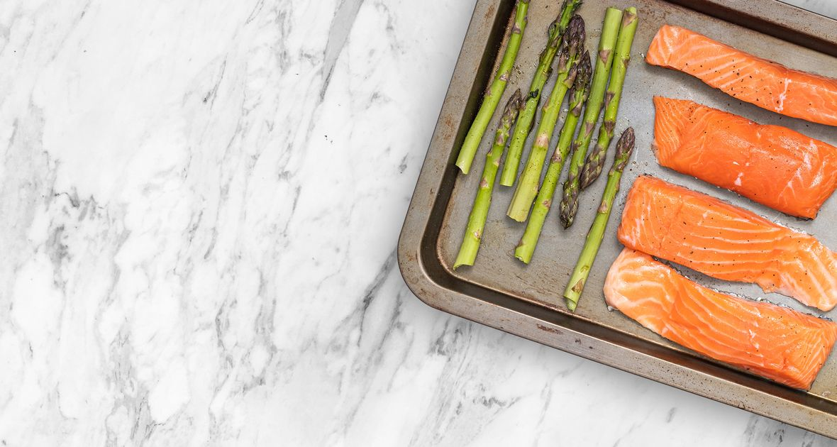 Minty spring salmon with seasonal vegetables