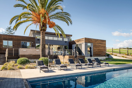 Pool deck with lounge chairs, palm tree and contemporary home with wood siding, from The Palm listing (1090 1st Ave, Napa)