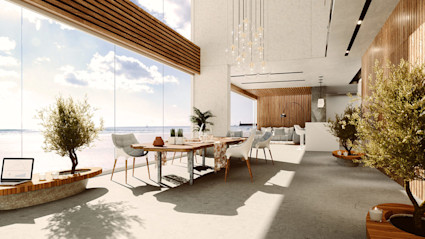 A luxury living space by the sea, possibly in an Airbnb alternative.