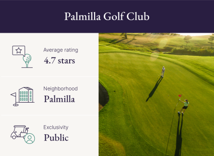 A graphic showcases the average rating, location and exclusivity level of Palmilla Golf Club, one of the top Cabo San Lucas golf courses.
