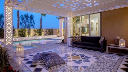 Mosaic outdoor seating by pool